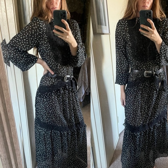 River island semi sheer smocked long sleeve lace chiffon maxi dress Sz 12 - Picture 1 of 7